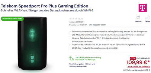 Telekom Speedport Pro Plus Gaming Edition Router (Wi-Fi 6, bis zu 9.700 MBit/s) Telekom Speedport Pro Plus Gaming Edition Router (Wi-Fi 6, bis zu 9.700 MBit/s)