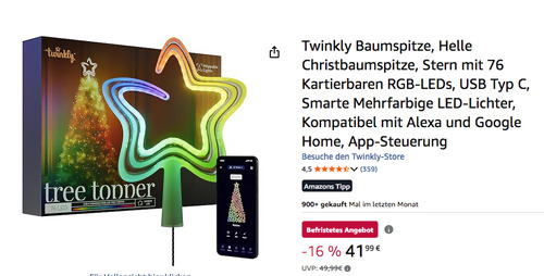 Twinkly Christbaumspitze Stern mit 76 RGB-LEDs, App-Steuerung Twinkly Christbaumspitze Stern mit 76 RGB-LEDs, App-Steuerung