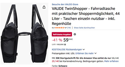 VAUDE TwinShopper 44 Liter Doppelte Radtasche in Schwarz