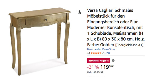 Versa Cagliari 80 x 30 x 80 cm Konsolentisch in Gold