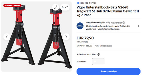 Vigor 6t Unterstellbock-Satz V2648,  370-575mm Hub