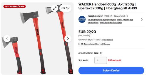 Walter 613301 Axt Set (600 g Handbeil, 1250 g Axt, 2000 g Axt)