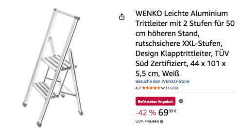 WENKO Leichte Aluminium Trittleiter mit 2 Stufen in Weiß