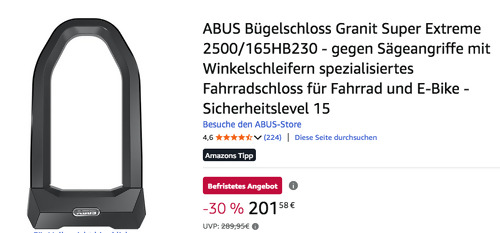 ABUS Bügelschloss Granit Super Extreme 2500/165HB230, Sicherheitslevel 15 ABUS Bügelschloss Granit Super Extreme 2500/165HB230, Sicherheitslevel 15