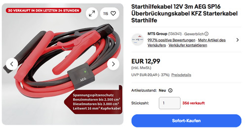 AEG SP16 Starthilfekabel 12V 3m