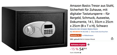 Amazon Basics 14 Liter Tresor in Schwarz, digitale Tastatursperre Amazon Basics 14 Liter Tresor in Schwarz, digitale Tastatursperre