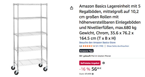 Amazon Basics 164.5 cm Lagerregal mit 5 Regalböden in Chrom Amazon Basics 164.5 cm Lagerregal mit 5 Regalböden in Chrom