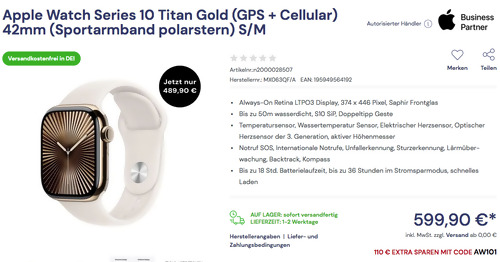 Apple Watch Series 10 Titan Gold (GPS + Cellular) 42mm (Sportarmband polarstern) S/M