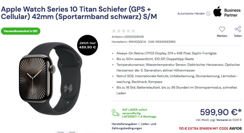 Apple Watch Series 10 Titan Schiefer (GPS + Cellular) 42mm (Sportarmband schwarz) S/M
