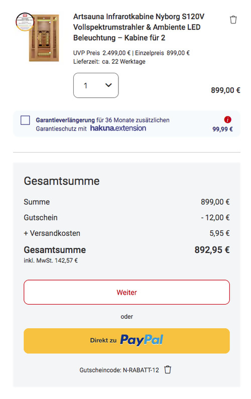 Artsauna Infrarotkabine Nyborg S120V für 2 Personen, 5 Vollspektrum- & 1 Flächenstrahler