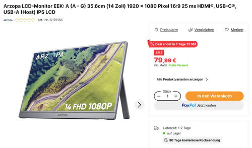 Arzopa A1S 14 Zoll Portabler LCD-Monitor (1920 x 1080, Pixel 16:9, HDMI, USB-C)