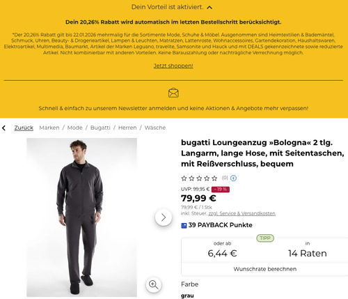 Baur.de - 20,26% Rabatt auf Mode, Schuhe & Möbel: z.B. bugatti Loungeanzug »Bologna« 2 tlg. in Grau, 52 - 58