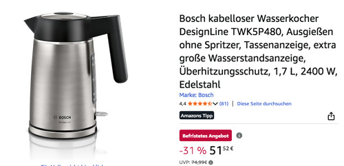 Bosch 1,7 L Wasserkocher DesignLine TWK5P480 in Edelstahl/Schwarz Bosch 1,7 L Wasserkocher DesignLine TWK5P480 in Edelstahl/Schwarz