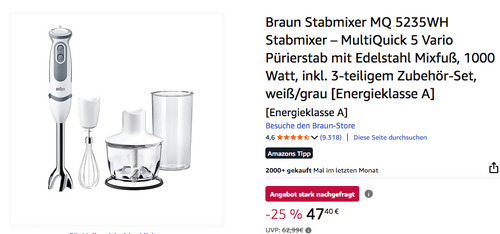 Braun Stabmixer MQ 5235WH inkl. 3-teiligem Zubehör-Set