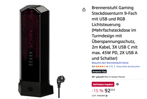 Brennenstuhl Gaming Steckdosenturm 9-Fach mit USB und RGB Lichtsteuerung Brennenstuhl Gaming Steckdosenturm 9-Fach mit USB und RGB Lichtsteuerung