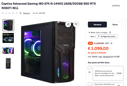 Captiva Advanced I80-574 Gaming-PC (i5-14400 16GB/500GB SSD RTX 4060Ti W11) Captiva Advanced I80-574 Gaming-PC (i5-14400 16GB/500GB SSD RTX 4060Ti W11)