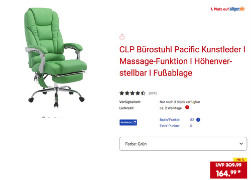 CLP Kunstleder Bürostuhl "Pacific" in Grün mit Massagefunktion