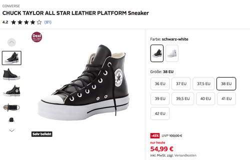 CONVERSE CHUCK TAYLOR ALL STAR LEATHER PLATFORM Damen Sneaker in Schwarz-Weiß oder Weiß-Weiß CONVERSE CHUCK TAYLOR ALL STAR LEATHER PLATFORM Damen Sneaker in Schwarz-Weiß oder Weiß-Weiß