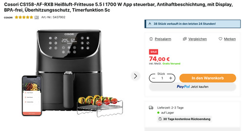 Cosori CS158-AF-RXB 5,5 Liter Heißluft-Fritteuse (1700 W, App steuerbar) Cosori CS158-AF-RXB 5,5 Liter Heißluft-Fritteuse (1700 W, App steuerbar)
