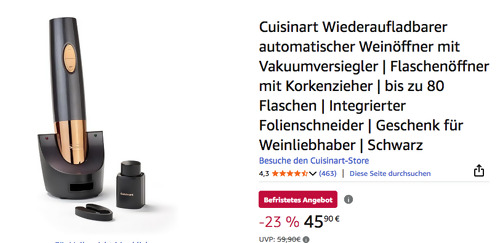 Cuisinart CWO50E Wiederaufladbarer automatischer Weinöffner mit Vakuumversiegler