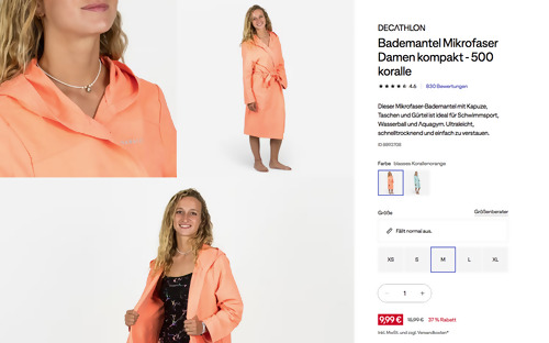 DECATHLON Bademantel Mikrofaser Damen kompakt - 500 koralle, XS - XL