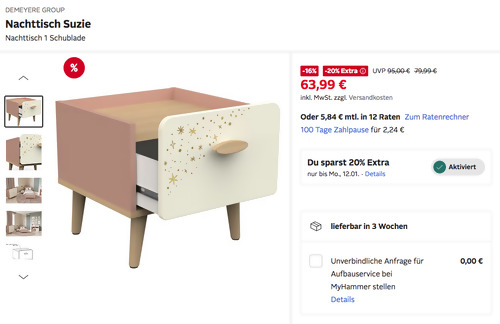 DEMEYERE GROUP Nachttisch "Suzie", 39,4 cm hoch