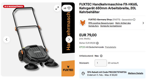 Ebay - 10% Gutschein auf Heimwerker und mehr: z.B. FUXTEC Handkehrmaschine FX-HK65 Ebay - 10% Gutschein auf Heimwerker und mehr: z.B. FUXTEC Handkehrmaschine FX-HK65