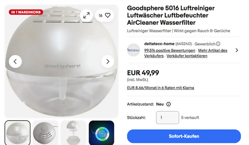 Goodsphere 5016 Luftreiniger Bubble, Wasser-Luftwäscher-System