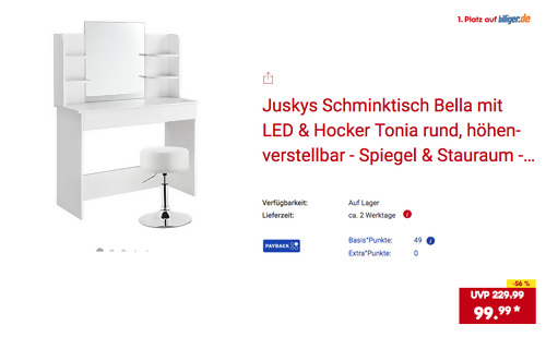 Juskys Schminktisch "Bella" mit Hocker "Tonia"