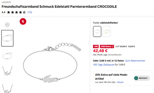 LACOSTE Edelstahl Freundschaftsarmband CROCODILE, ca. 19 cm