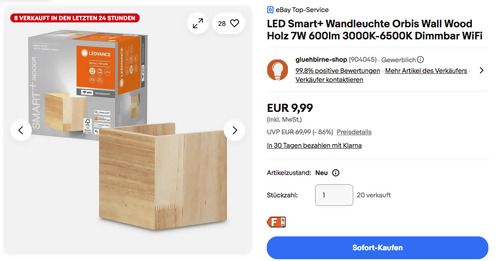 Ledvance LED Smart+ Wandleuchte "Orbis" (Holz, 7W, 600lm, WiFi)
