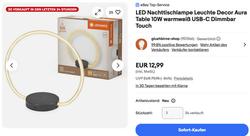 Ledvance LED Tischlampe Leuchte Decor Aura Table Grau (10W, 1200lm, 3000K )