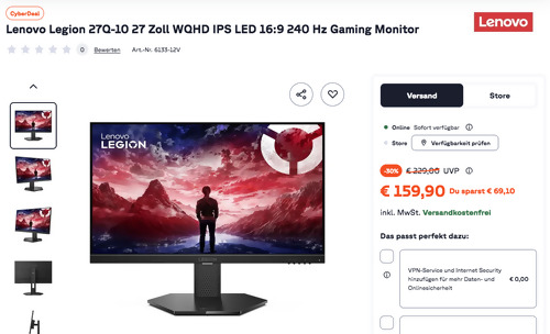 Lenovo Legion 27Q-10 27 Zoll WQHD IPS LED 16:9 240 Hz Gaming Monitor