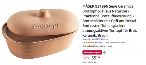 MÄSER 931996 Serie Ceramica Brottopf oval aus Naturton, 6 Liter