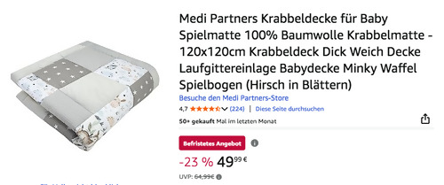 Medi Partners 120x120cm Baby Krabbeldecke "Hirsch in Blättern"