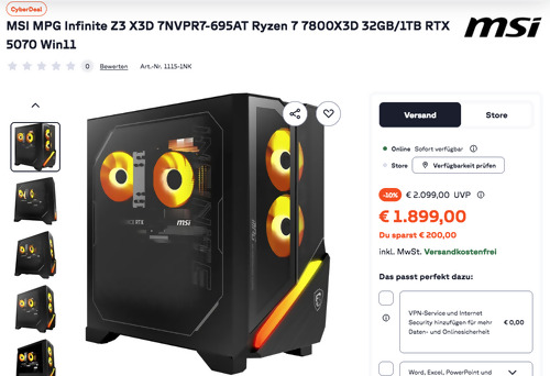 MSI MPG Infinite Z3 X3D 7NVPR7-695AT Gaming-Desktop (Ryzen 7 7800X3D 32GB/1TB RTX 5070 Win11)