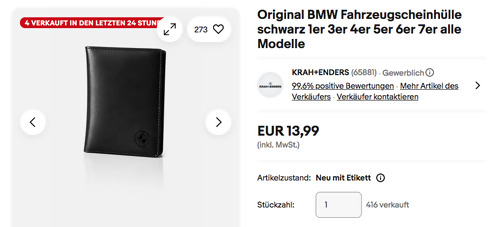 Original BMW Fahrzeugscheinhülle in Schwarz (Rindleder, ca. 92 x 126 mm)