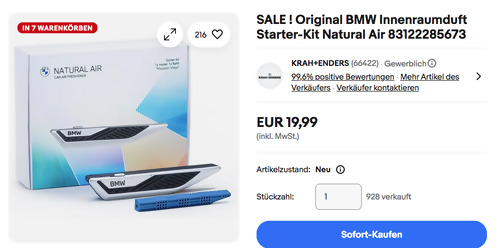 Original BMW Innenraumduft Starter-Kit Natural Air 83122285673