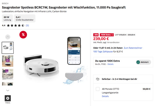 Otto.de - 100 Rabatt auf ausgewählte Hausgeräte: z.B. BOSCH BCRC1W Spotless Saugroboter mit Wischfunktion