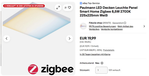 Paulmann 79824 Decken LED Panel "Velora" (225x225mm, Zigbee, 8,5W)