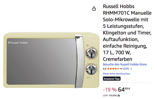 Russell Hobbs RHMM701C Manuelle Solo-Mikrowelle in Cremefarben