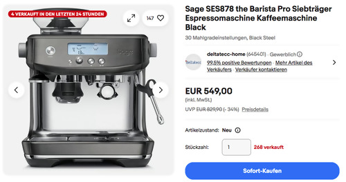 Sage SES878 the Barista Pro Siebträger Espressomaschine Kaffeemaschine Sage SES878 the Barista Pro Siebträger Espressomaschine Kaffeemaschine