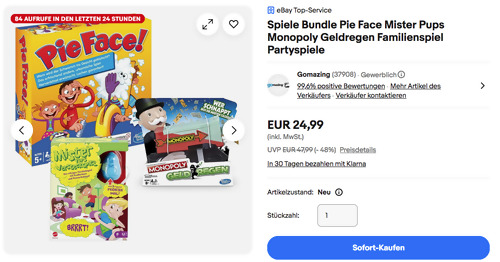 Spiele Bundle: Pie Face, Mister Pups und Monopoly Geldregen