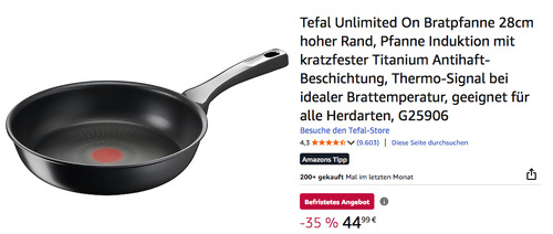 Tefal G25906 Unlimited On 28cm Bratpfanne mit hohem Rand