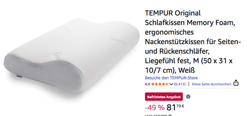 TEMPUR Original Schlafkissen Memory Foam in Größe M, 50 x 31 x 10/7 cm