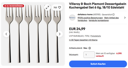 Villeroy & Boch Piemont Dessertgabeln Kuchengabel 6 tlg. Set Villeroy & Boch Piemont Dessertgabeln Kuchengabel 6 tlg. Set