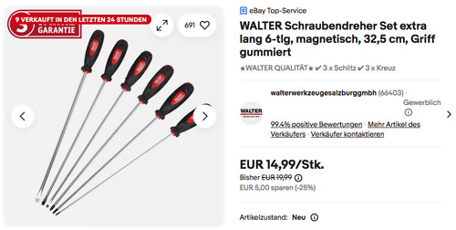 WALTER 6-tlg. Schraubendreher Set extra lang, 32,5 cm WALTER 6-tlg. Schraubendreher Set extra lang, 32,5 cm