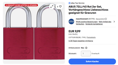 ABUS 72LL/40 Rot Liebesschloss Vorhängeschloss 2er Set, geeignet für Gravuren