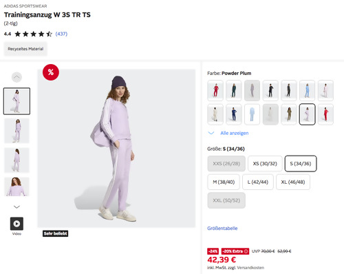 ADIDAS SPORTSWEAR W 3S TR TS Damen Trainingsanzug S in Powder Plum ADIDAS SPORTSWEAR W 3S TR TS Damen Trainingsanzug S in Powder Plum