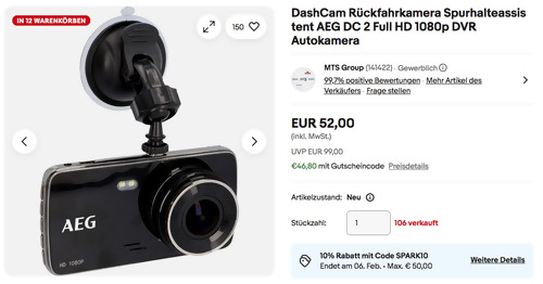 AEG DC 2 DashCam Rückfahrkamera mit Spurhalte- und Abstandsassistent
